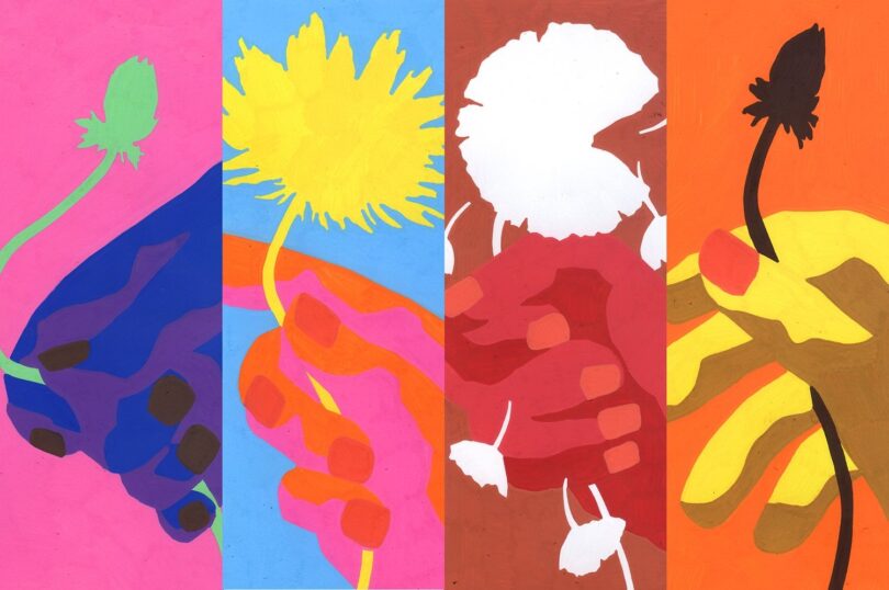 A colorful illustration of four hands, each holding a flower in different stages of withering, progressing from a fresh bloom to a wilted one. Each hand is against a different colored background