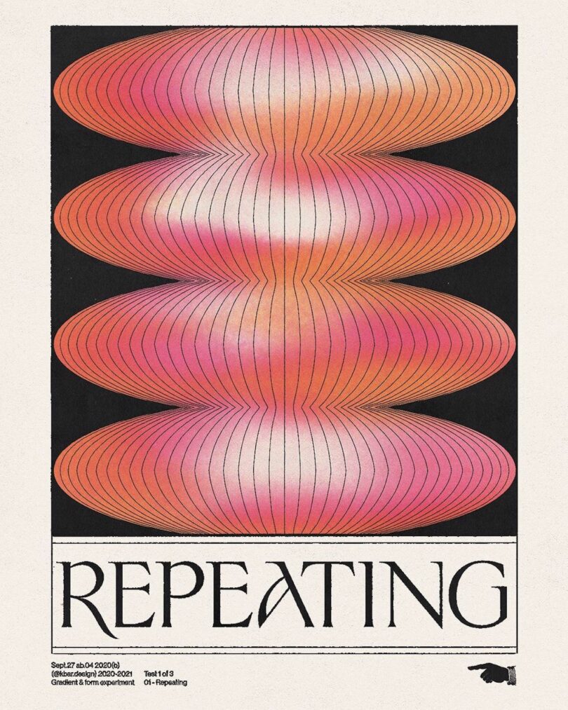 A poster with a symmetric, wave-like, abstract design in pink and orange hues, titled "REPEATING" at the bottom
