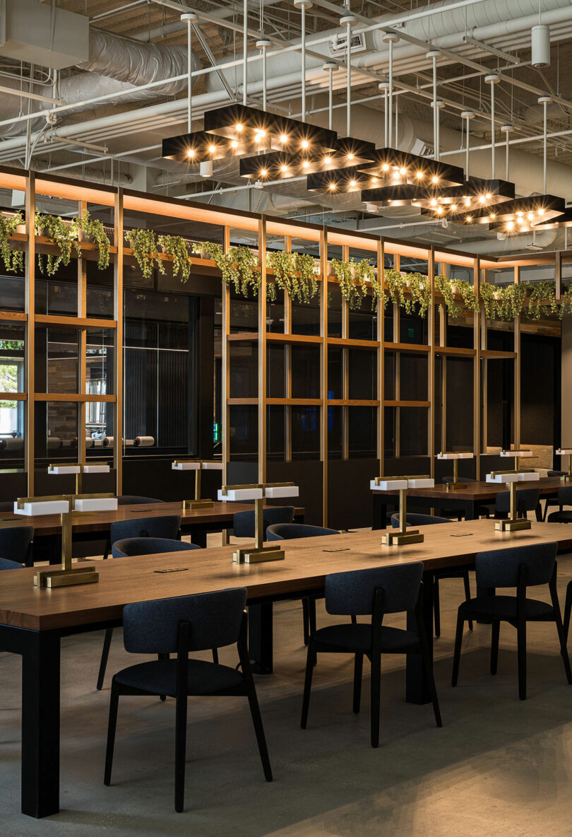 Modern office workspace with long wooden tables, green plants, gray chairs, and overhead lighting fixtures in an industrial-style setting.