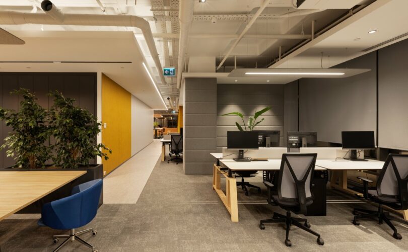 A modern office space with several desks and chairs, partitioned areas, and computer monitors on the desks. Green plants add a touch of nature to the workspace. The area is well-lit with overhead lighting.