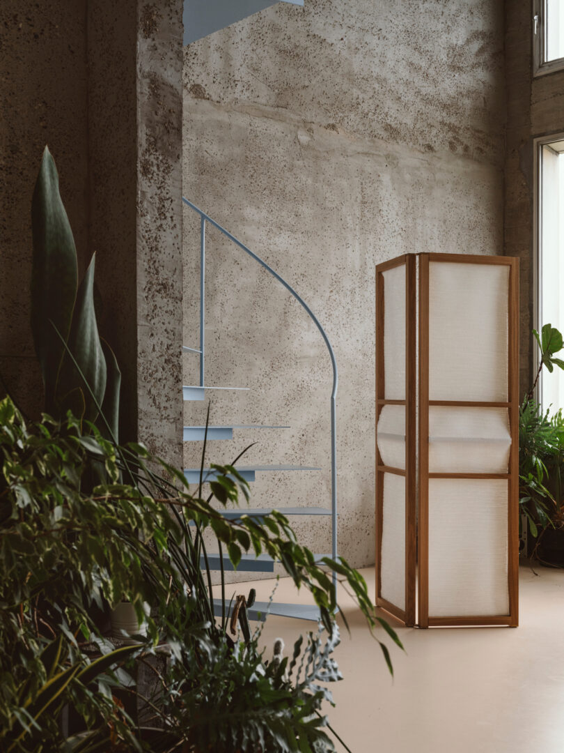 A cozy indoor space with a spiral staircase, various potted plants, and a wooden folding screen against a concrete wall.