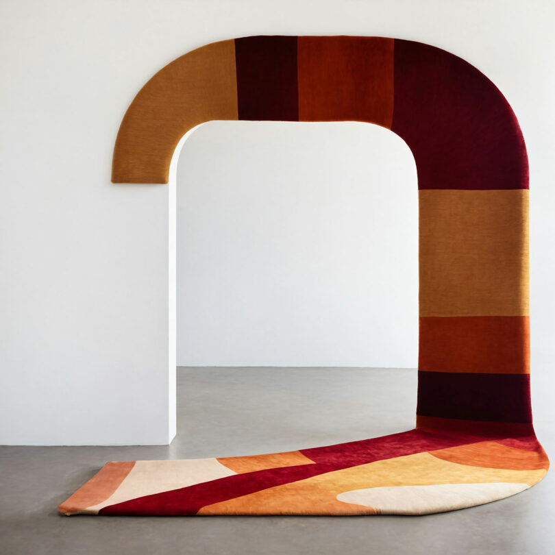 A modern rug with red, orange, brown, and beige blocks is draped over a curved white archway, extending onto the gray floor.