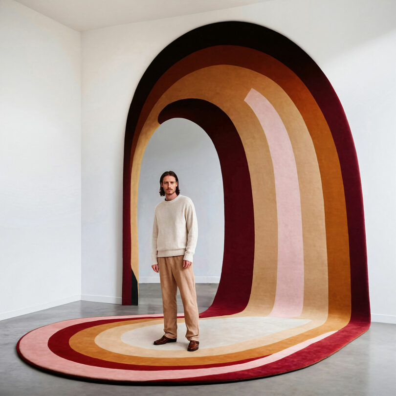 A man stands in front of a large, arch-shaped installation with gradient earth tones, resembling a stylized rainbow. He wears a cream sweater and tan pants. The setting appears to be a minimalist gallery space.