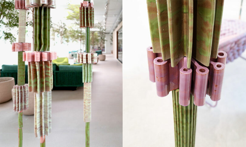 A divided image showing Stelo by Nicolò Morales for Paola Lenti, a multi-colored sculpture made of cylindrical objects on thin green poles. On the right, a close-up view highlighting the texture and details. The background includes furniture and greenery.