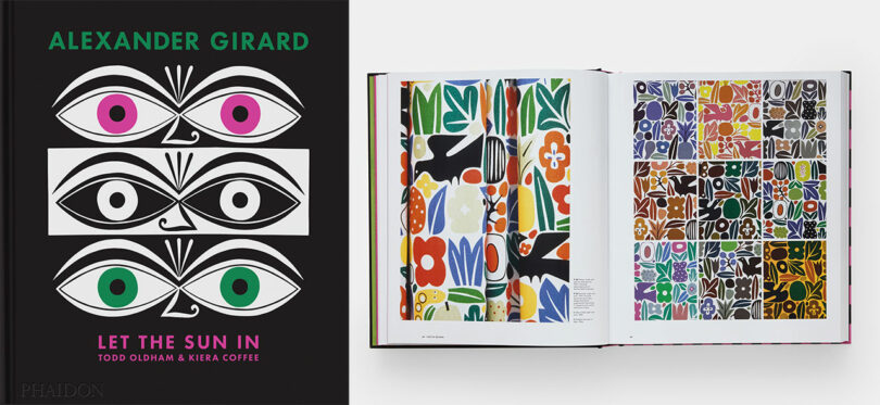 A colorful book cover titled "Alexander Girard: Let the Sun In" with an open page showing vibrant, abstract designs featuring various shapes and patterns.