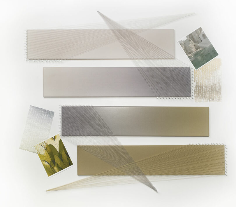 Four rectangular panels in neutral tones are arranged horizontally. Thin threads crisscross the panels. Two small textured samples and two photographs of nature scenes are placed beside the panels.